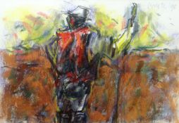 WILL ROBERTS mixed media - standing figure in red waistcoat, entitled verso 'Farmer', signed and