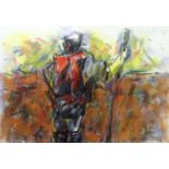 WILL ROBERTS mixed media - standing figure in red waistcoat, entitled verso 'Farmer', signed and