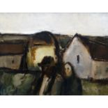 WILL ROBERTS oil on canvas - farmer and wife near outbuildings, signed with initials and entitled '