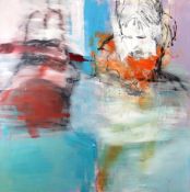 SUE WILLIAMS oil / wax on canvas - semi-abstract with figure, entitled 'Move Over Darling', 48 x