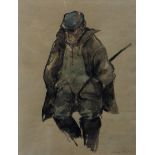 WILLIAM SELWYN watercolour - portrait of capped farmer with hands in pockets and walking stick under