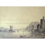 Attributed to DAVID COX SNR black and white drawing - Conwy Castle and Suspension Bridge with