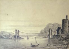 Attributed to DAVID COX SNR black and white drawing - Conwy Castle and Suspension Bridge with