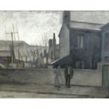 GEORGE CHAPMAN oil on canvas - two standing figures talking in a South Wales valley town, with