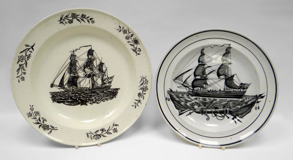 DILLWYN pottery plate depicting a black and white transfer two masted ship with figures on board and