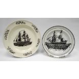 DILLWYN pottery plate depicting a black and white transfer two masted ship with figures on board and