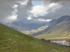 DAVID WOODFORD oil on board - Snowdonia valley with farm, entitled verso 'Clinging Clouds, No.56',