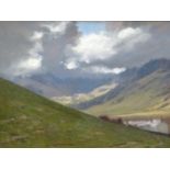 DAVID WOODFORD oil on board - Snowdonia valley with farm, entitled verso 'Clinging Clouds, No.56',