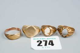 A parcel of four nine carat gold rings (scrap), 12.5 grms