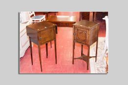 A small single door bedside cabinet, a small mahogany twin flap bedside cabinet and an oblong topped