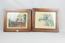 A pair of early 20th Century oak framed woolwork pictures, one depicting a riverbank scene, the