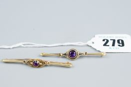 A fifteen carat gold bar brooch with centre round cut amethyst and a nine carat gold bar brooch with