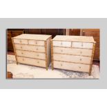 A pair of pine chest of drawers in faux bamboo style, each having three long and two short drawers