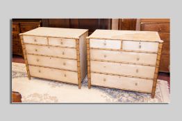 A pair of pine chest of drawers in faux bamboo style, each having three long and two short drawers