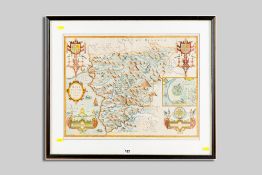 JOHN SPEED coloured and tinted map of Merionethshire, George Humble edition, glazed to rear, 39.5