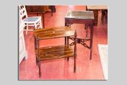 A two tier oblong topped rosewood whatnot, 56 x 39 cms and a square topped mahogany occasional table