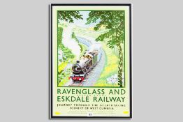 A compact colourful railway poster for the Ravenglass & Eskdale Narrow Gauge Railway, 58 x 41 cms