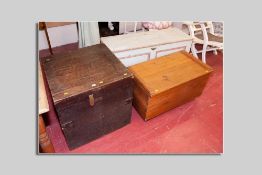 A painted pine carpenter's chest, a pine lidded box and a near square lidded oak silver box with end