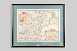 JOHN SPEED coloured and tinted map of Caernarfonshire, 1610, glazed to rear, 39.5 x 53 cms to