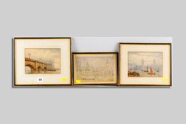 E SEAMER three watercolour sketches on thick brown paper - London scenes - 1. Tower Bridge and