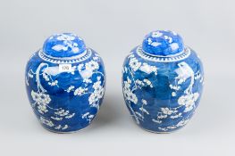A good sized pair of 19th Century Chinese export ginger jars with covers, decorated in a prunus