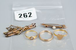Two nine carat gold bar brooches, 3.6 grms and three nine carat gold scrap rings, 3 grms
