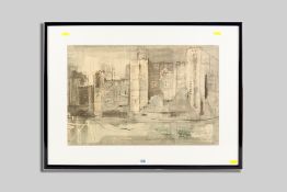 JOHN PIPER coloured print - quayside walls and tower of Caernarfon Castle, printed signature, 33 x