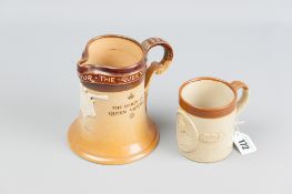 A Doulton Lambeth stoneware commemorative jug with tube line decorated collar with the saying '