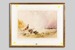 CHARLES BENTLEY watercolour - coastalscape, rough seas near the White Cliffs with shipping and