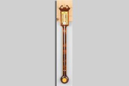 An antique style mahogany line inlaid stick barometer, the brass gauge marked Thomas Wright, 97