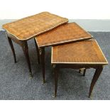 A nest of three gilt metal mounted kingwood parquetry tables