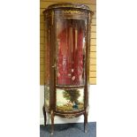 A demi-lune kingwood vitrine in the French taste, with single romantic vignette panel below the