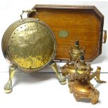 A wooden galleried tray, pair of ornate fire-dogs and a brass cylinder coal box with copper