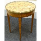 An inlaid kingwood and marble circular table with pierced brass gallery, single drawer and leather