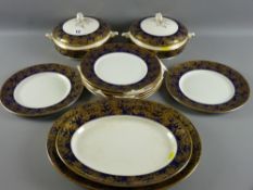 A Royal Doulton cobalt and gilt decorated part dinner service, nine 10 ins plates, nine 9.25 ins
