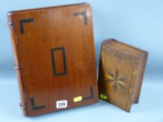 A Victorian mahogany book shaped box with carved spine and ebony inlay, re-lined satin interior with