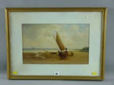 FRANK RAWLINGS OFFER oil on board - beached boat with figures and distant ports with numerous