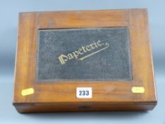 A mahogany stationery box, the lid having a leatherette panel with the word 'Papeterie'
