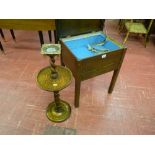 An oak barley twist smoker's stand and an oak single drawer needlework table with lift-up lid