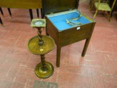 An oak barley twist smoker's stand and an oak single drawer needlework table with lift-up lid