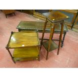 A modern mahogany tray top two tier side table with single base drawer and an oak two tier plant