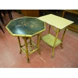 A Victorian bamboo hexagonal top table with bird decorated lacquered top and open shelf below, 73