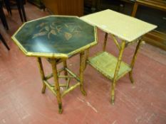 A Victorian bamboo hexagonal top table with bird decorated lacquered top and open shelf below, 73