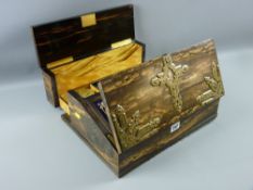 A Victorian coromandel and brass mounted writing slope, the slope lid and top with excellent pierced