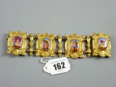 A gilded pinchbeck bracelet with mounted painted porcelain tablets, possibly adapted from a belt, 20