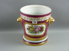 A Continental porcelain planter pot having a floral panel back and front and with gilt lion mask