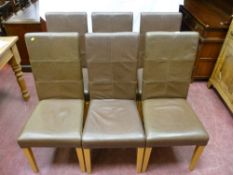 A modern set of six highback light oak stitched leather chairs, 101 cms high