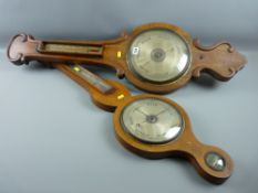 Two Victorian banjo barometers with thermometers, both requiring some form of restoration, 102 cms