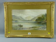 E A STOCK watercolour - lake scene with fisherman and boat, signed, 27 x 45 cms