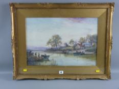 STUART LLOYD watercolour - ferry scene with cottages, church, figures and boats, signed, 35 x 53